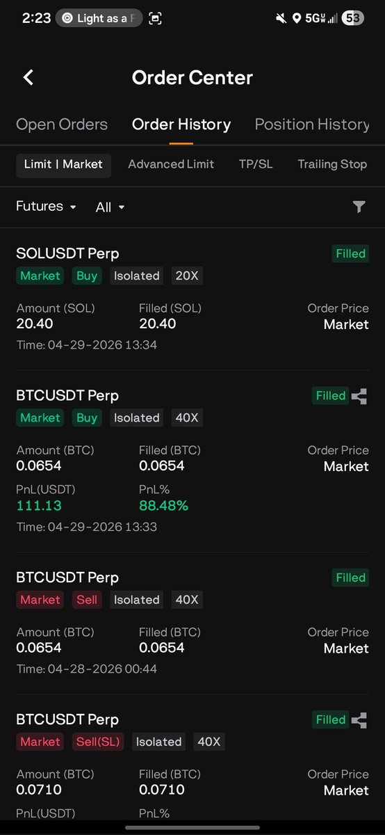 Austin832561284's tweet photo. Lacking a little on posting lately

So trade 19 was a win (+44), 20 was a loss (-29), 21 was a win (+111) and 22 is a win trapped between +39 SL and +80tp

New plan I'm evaluating: short btc on drops, long Sol out of them. We'll see how well it works over time 

13:9
59.0909% W/R https://t.co/MvcdKm2ls6