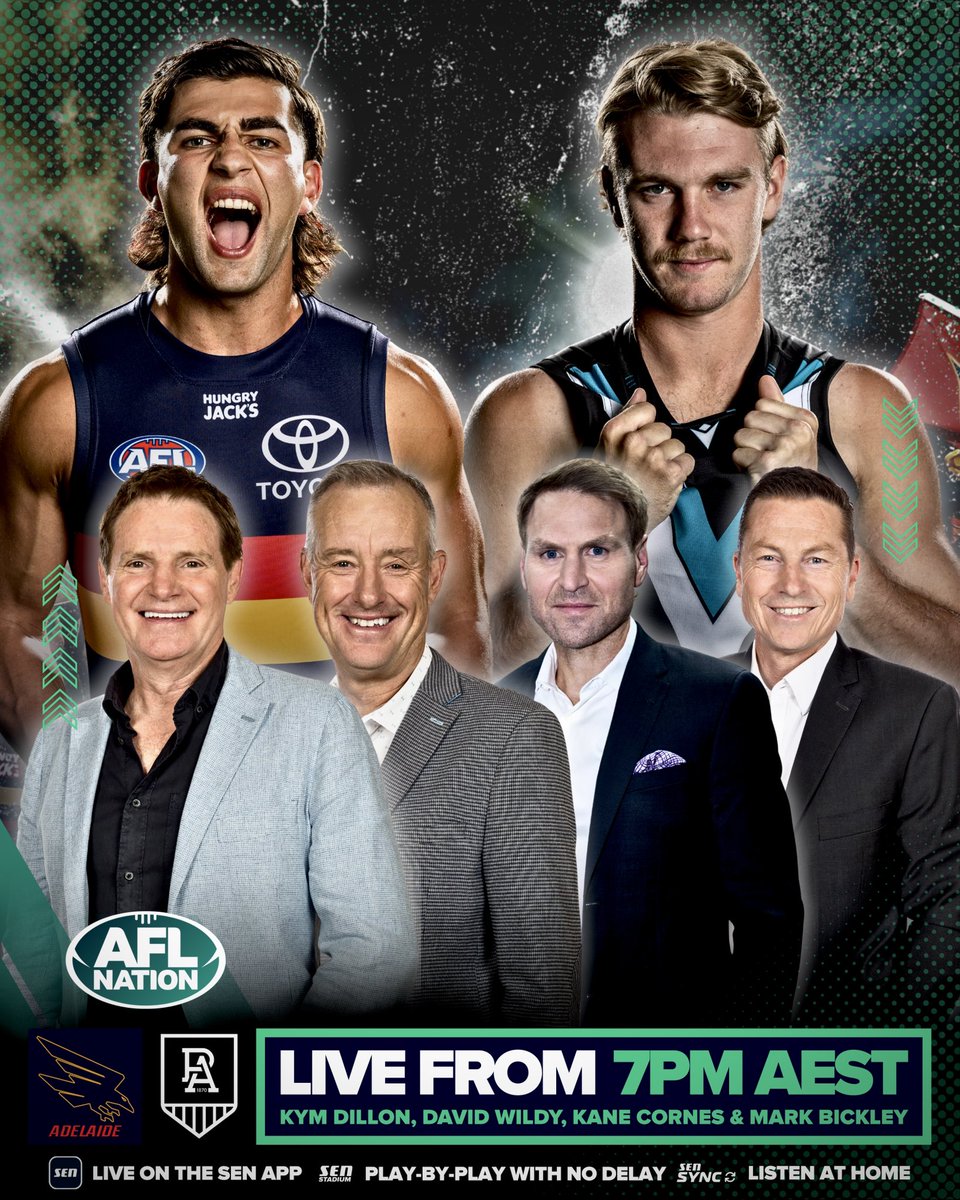 AFLNation's tweet photo. 🔜 @Adelaide_FC 🆚 @PAFC 

🐦‍⬛⚡️ Showdown 59 is HERE! Both teams at 3-4

➡️ Listen live and free tonight on the SEN App 📲

#AFLCrowsPower https://t.co/zlkSh90EdN