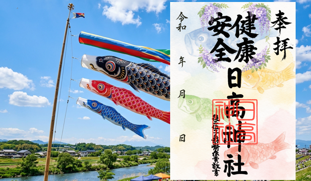 HitakaJinja's tweet photo. 今月はこどもの日ということで、鯉のぼりの５月のご朱印を出しています。🌱 https://t.co/B1AzCRNuEd