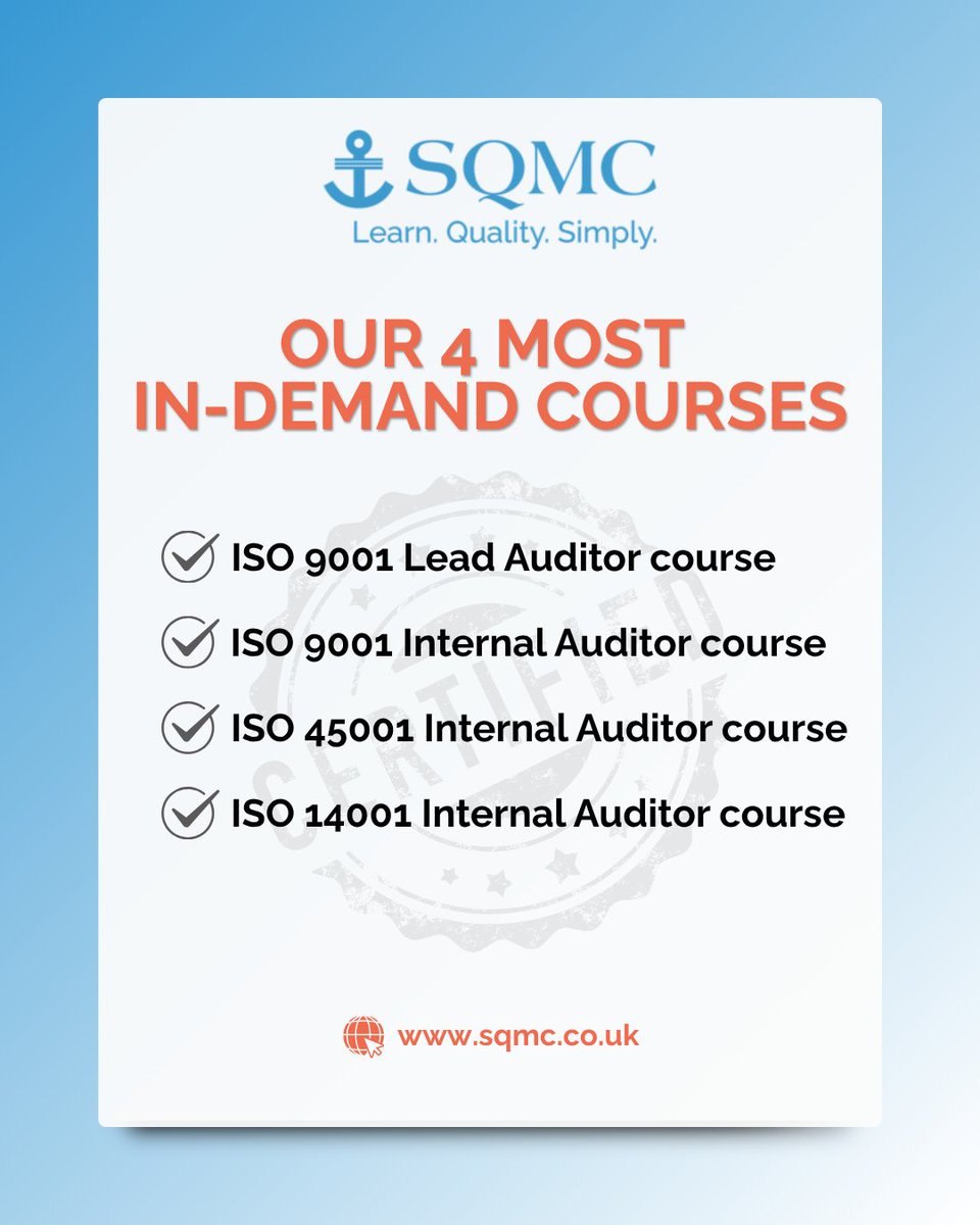 QualityAuditor's tweet photo. SQMC offers ISO courses including lead and internal auditor training in quality safety environment systems.

Ready to get started?

Visit the SQMC website and choose the learning format that works best for you.

https://t.co/GzJhEdoBgE

#quality
#iso
#qhse https://t.co/GVX1yzNz3S
