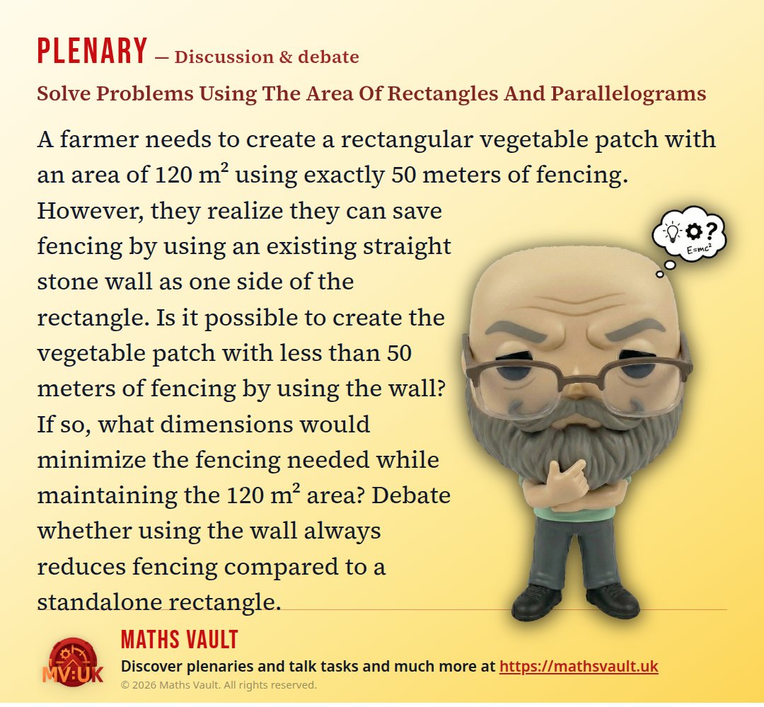 TheMathsVaultUK's tweet image. Plenary — Solve Problems Using The Area Of Rectangles And Parallelograms

#maths #mathsteacher #UKMathsChat #GCSEMaths #Plenary #MathsDiscussion #TalkTasks #Area #Geometry