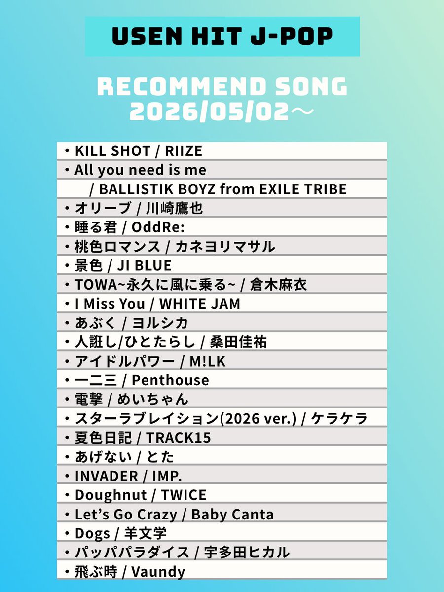 USEN_HITS's tweet image. 【5/2～のUSEN HIT J-POP注目曲】
気になるアーティストがいたらリポスト☺️