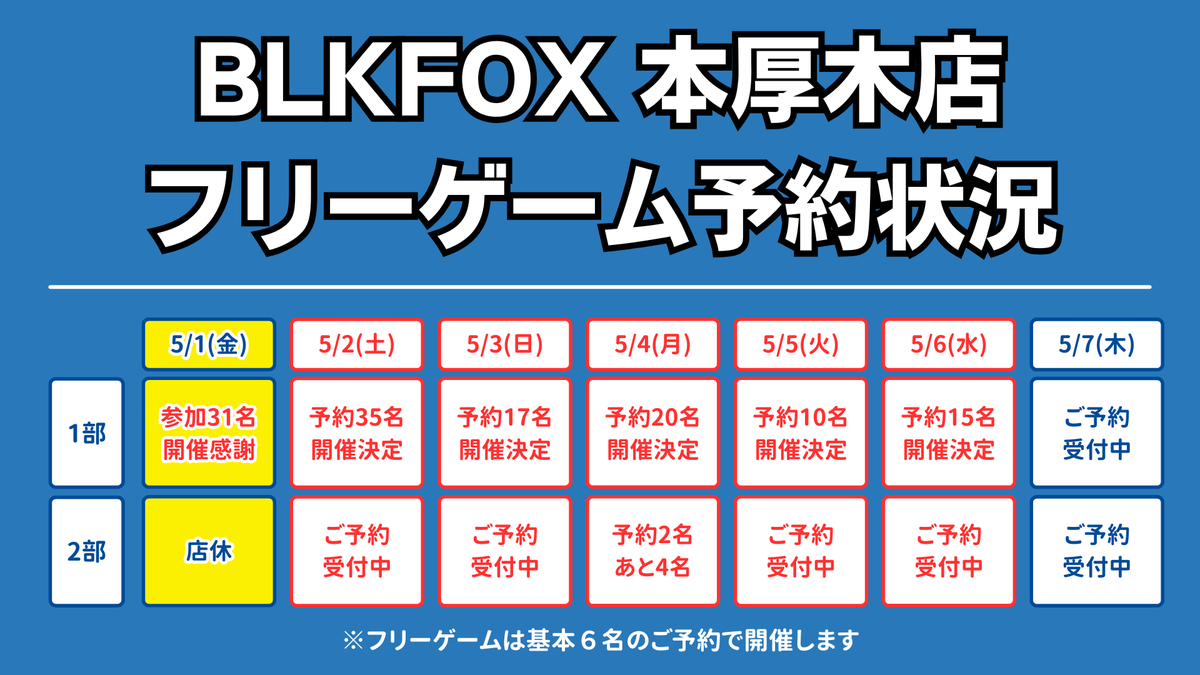本日は5/1【1部フリーゲーム】にご来店いただき、ありがとうございました。

本日のお写真はこちら↓
dropbox.com/scl/fo/aa3gknb…

31名の方にご来店いただき、賑やかな雰囲気の中でゲームを進行することができました。ご参加いただいた皆さま、ありがとうございました。