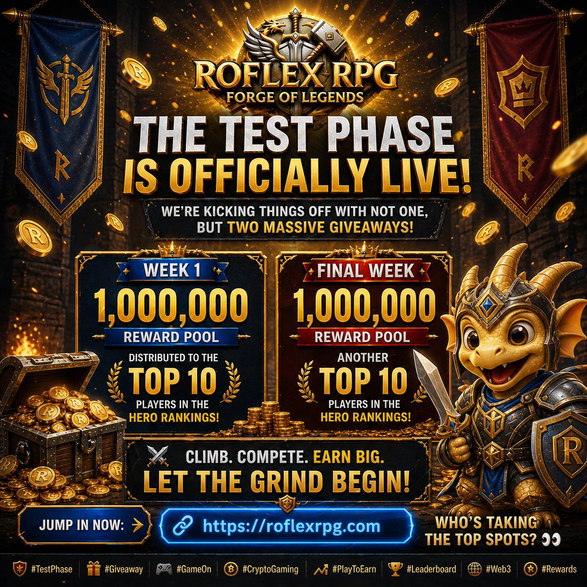 RoflexCoin's tweet photo. 🔥 THE TEST PHASE IS LIVE
 RISE IN ROFLEX RPG: FORCE OF LEGENDS!

Warriors, the gates are open ⚔️🐉

We’re kicking things off with TWO massive reward battles:

💰 Week 1: 1M $Roflex 2.0 token reward pool for the TOP 10 heroes

🏆 Final Week: Another 1M $Roflex 2.0 token reward pool for the TOP 10 heroes

Climb the ranks 🔥
Dominate the arena 🏟️
Earn your legend⚔️

👉 Enter now: https://t.co/I5ge1w6el0

The dragon is battle ready. The arena awaits.
Will you claim your spot at the top? 👀

#RoflexRPG #ForceOfLegends #TestPhase #GameOn #PlayToEarn #CryptoGaming #Leaderboard #Web3 #Rewards #Roflex #Worldchain