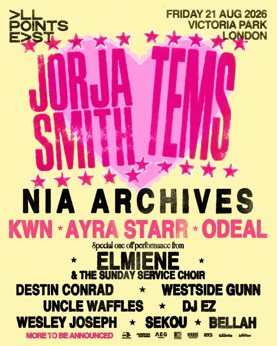 allpointseastuk's tweet photo. @archives_nia is joining @JorjaSmith and @temsbaby for this summer's party at @allpointseastuk 💖

+ some new serious plus ones: @_Elmiene_ & Sunday Service Choir, @destinCONRAD, @WESTSIDEGUNN, @Unclewaffles_, @DJEZOfficial, @wesleyjoseph__, @sekouumusic & @IbeBellah 💋

Secure your tickets at https://t.co/0UVFRNgf0l