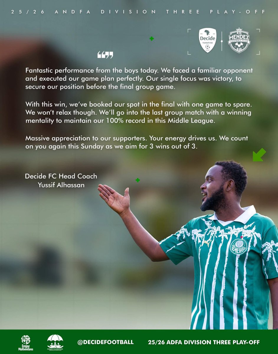decidefootball's tweet image. 🎙️Post-match thoughts from the coach after a DOMINANT display and a DESERVED win👊🏽🔥! 

#OurDecisionOurGlory #GodFirst #FarijahFoundation #EmjayMultiventures