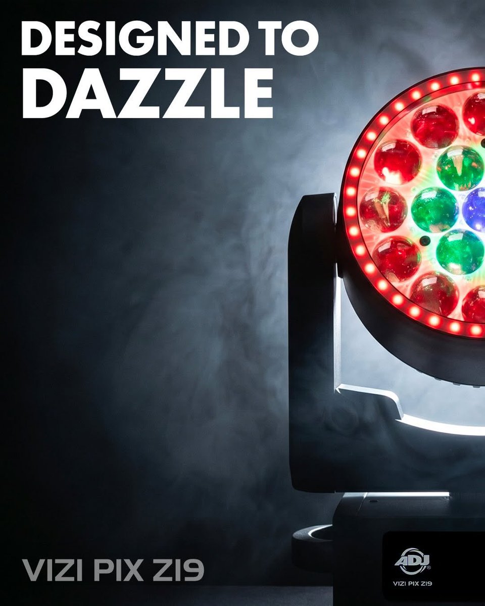 puremindsuae's tweet photo. Built for creative freedom, Vizi Pix Z19 is a versatile wash-zoom fixture featuring 19 pixel-mappable, lime-infused LEDs that deliver everything from tight beams to wide, vibrant washes and eye-catching pixel effects. With additional background LEDs and an outer RGB ring, it layers color and motion for truly dynamic looks.

To know more about ADJ LIGHTING products contact us now at +971521424673

#adjlighting #vizipixz19 #stagelighting #concertlighting #dubai🇦🇪