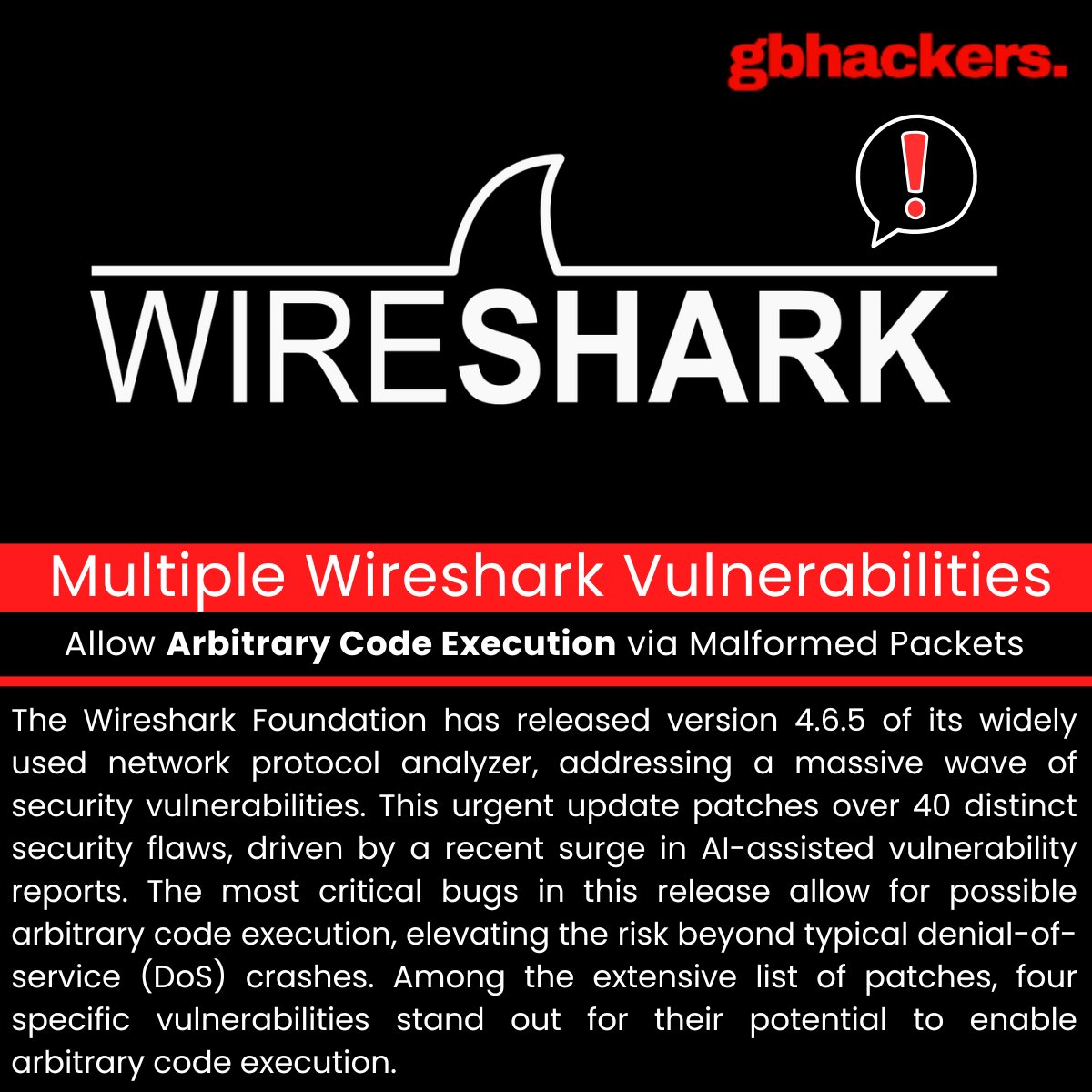 gbhackers_news's tweet image. ⚠️ Multiple Wireshark Vulnerabilities Allow Arbitrary Code Execution via Malformed Packets | Source: gbhackers.com/multiple-wires… #cybersecuritynews