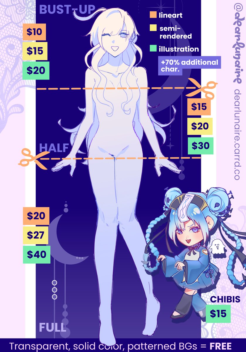 _dearlunaire's tweet image. commission sheet cuz i forgot to post here lel #commissionsopen #vgen #artmoots

samples in comments and php prices in carrd (bio) !!