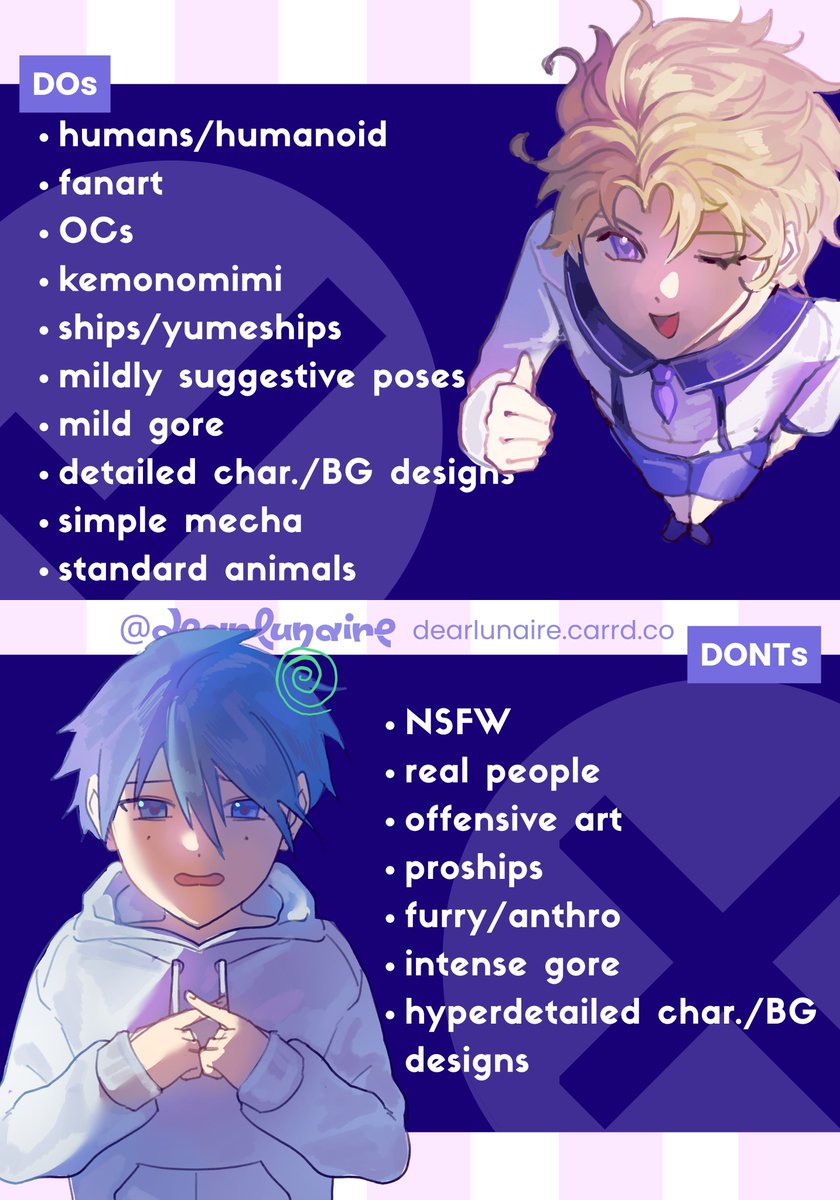 _dearlunaire's tweet image. commission sheet cuz i forgot to post here lel #commissionsopen #vgen #artmoots

samples in comments and php prices in carrd (bio) !!