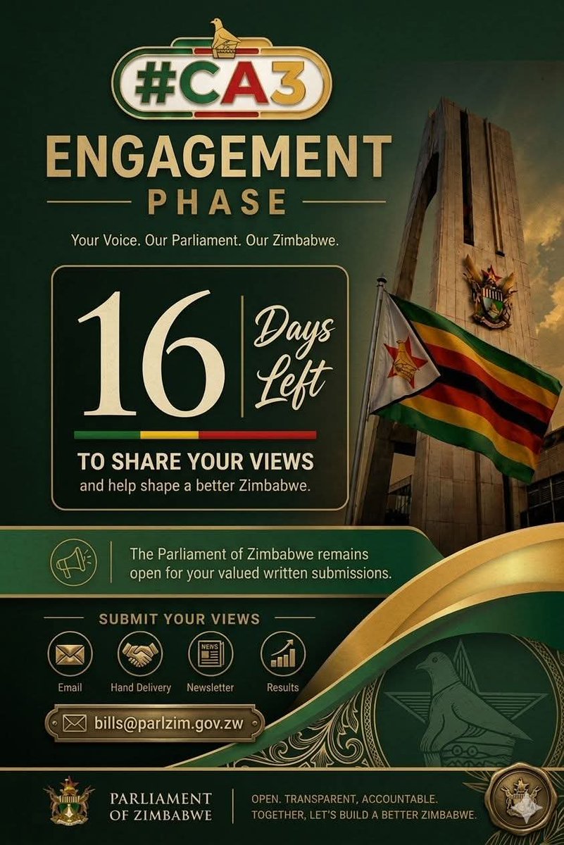 LindaDadisoM's tweet image. 16 days left for you to make submissions through the following means; 

1). Email: bills@parlzim.gov.zw 
2). Physically: Old Parliament building in town or the Mount Hampen offices. 

#CA3 #YesToCA3 #Vision2030 #TakanoAmenda