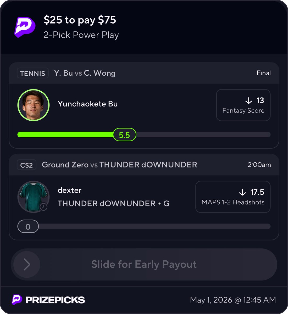 FitzDFS's tweet image. Cash Bu ✅ 

POTD coming up next for the 3x 

#ATP #CS2 #Esports #PrizePicks