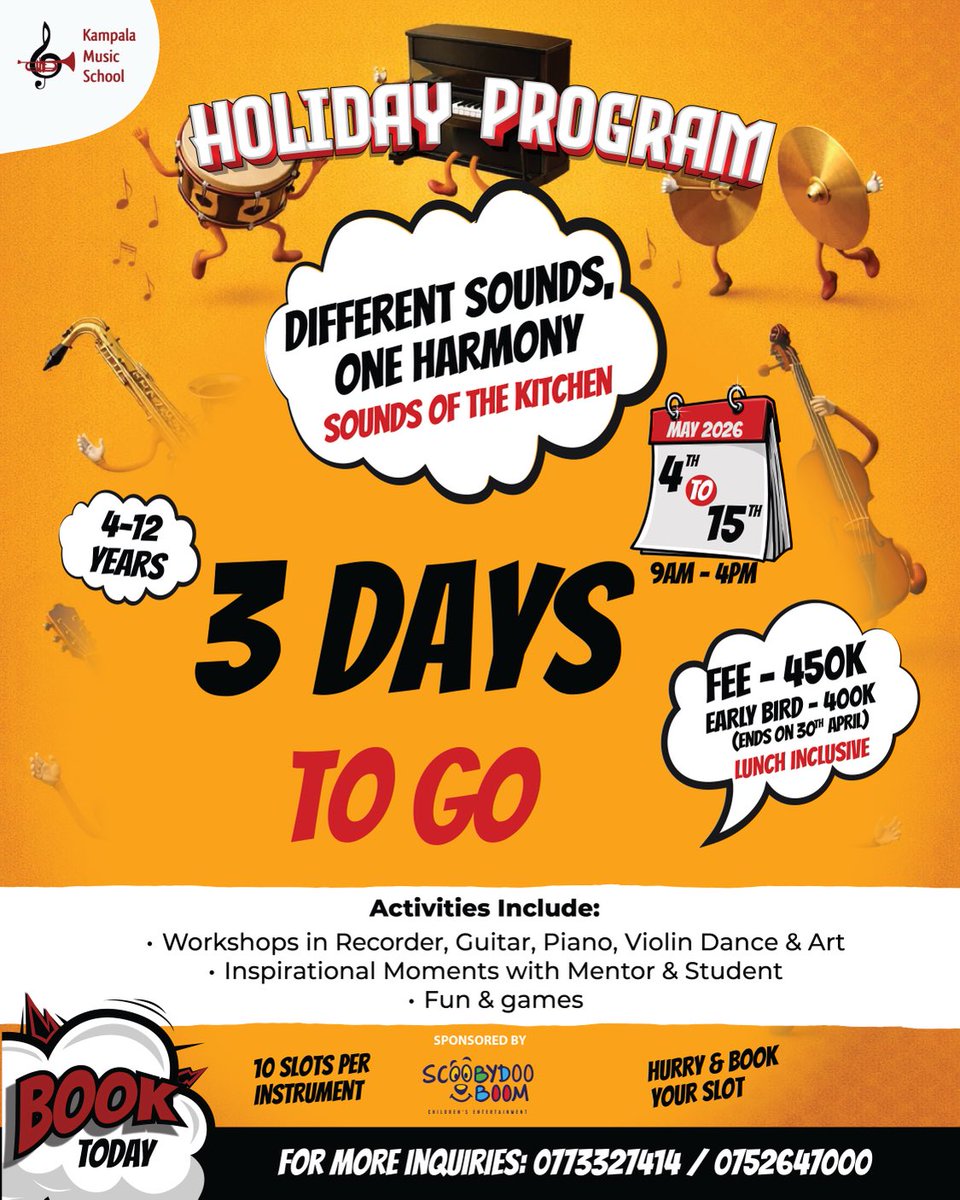 KampalaMusicScl's tweet image. 3 days to go! 🎉
The countdown is getting real — are you ready for the fun, learning, and unforgettable moments? Don’t miss out on the holiday program… your spot is waiting! ⏳✨

#3DaysToGo #HolidayProgram #GetReady