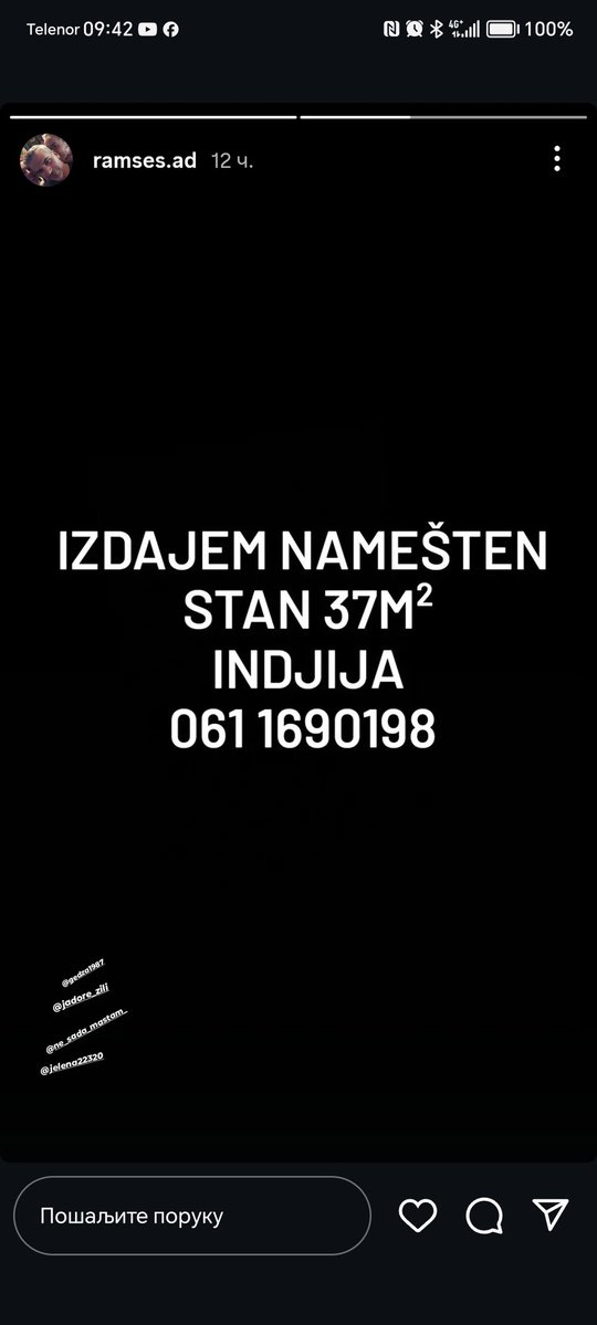 Drugar izdaje stan u Indjiji, ekstra su ljudi. Može i RT, ako nije problem. 😊