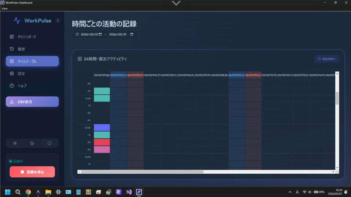radioromen's tweet image. ログ記録アプリ作ってみた！
アクティブなウィンドウを10秒間隔で記録。（間隔は変更可能）
ウィンドウは別名設定&amp;amp;色設定できるから後から見直す時に便利。

一日のPC業務を可視化できるから
無駄&amp;amp;無理を洗い出すことが出来そう😄
#Antigravity #バイブコーディング