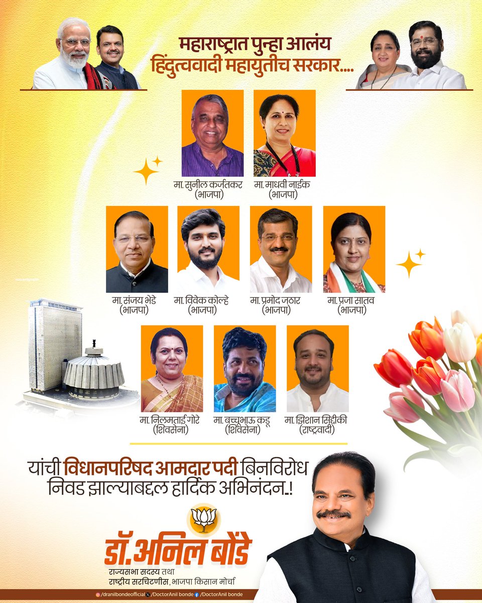 DoctorAnilBonde's tweet photo. महाराष्ट्र विधानपरिषदेवर बिनविरोध निवड झालेल्या सर्व नवनियुक्त आमदारांचे हार्दिक अभिनंदन!
महाराष्ट्राच्या प्रगतीसाठी आणि जनसेवेसाठी 'महायुती' कटिबद्ध आहे. या नवनियुक्त नेतृत्वाच्या माध्यमातून राज्याच्या विकासाला नवी गती मिळेल, हा विश्वास आहे.
पुढील यशस्वी वाटचालीस माझ्याकडून खूप खूप शुभेच्छा!

#MaharashtraPolitics #Mahayuti #VidhanParishad #Congratulations #Development #DrAnilBonde