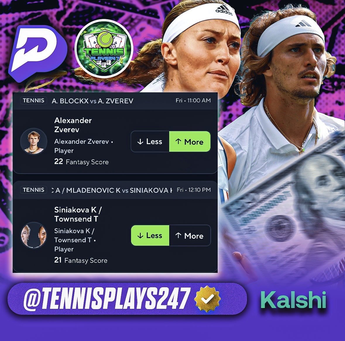 TennisPlays247's tweet image. 5/1🎾☢️On @PrizePicks #PrizePicks

🚨20 Unit Play🚨

#KalshiSports @KalshiSports Players play Zverev to win vs. Blockx

Use our link to get sent/setup with some bonus funds on Kalshi⬇️

kalshi.com/r/tp247

#TennisPlays247 #GamblingX #Betting #Tips #Tennisplays #TennisTV #Tip