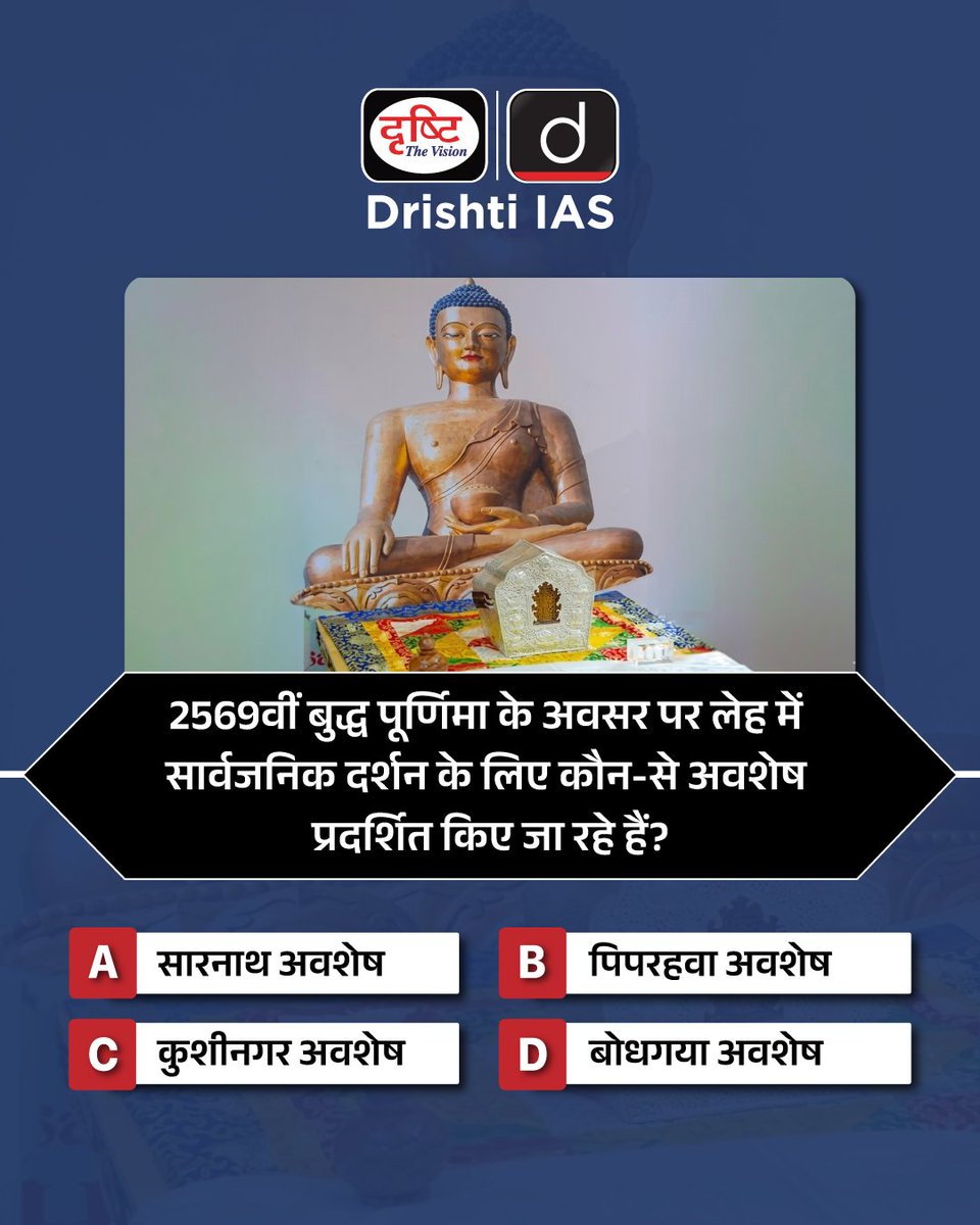 drishtiias's tweet image. प्रिय विद्यार्थियो,
.
इस क्विज़ में हम डेली की करेंट न्यूज़ के आधार पर आपसे प्रश्न पूछते हैं, इसका उत्तर आपको कमेंट बॉक्स में देना है।

#BuddhaPurnima #LehLadakh #Buddhism #CurrentAffairs #DrishtiIAS