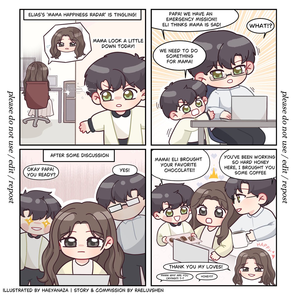 Ch. 5 Mama Rae’s 24/7 support system—Elias and Papa Zayne always right on time🤍 

#PearLatte family🍐☕️
Art © haeyanaza, cms by me
