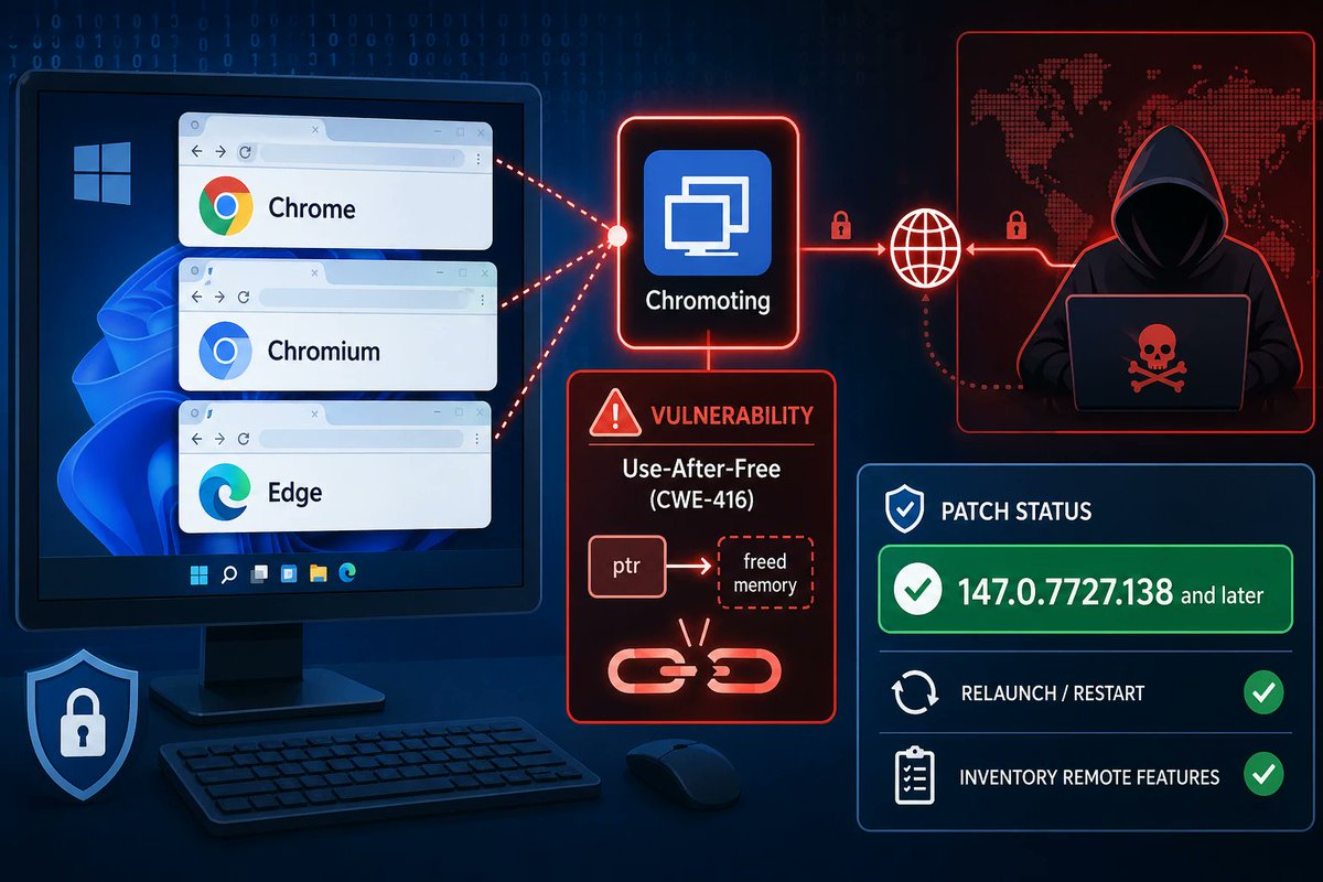 windowsforum's tweet photo. 🪟 Chrome’s Chromoting got a use-after-free that can turn “network traffic” into “arbitrary code.” Translation: your remote access isn’t just a tab—it's a loaded gun.
https://t.co/uHWsLsdMSF
#BrowserPatching #Cve20267347 #ChromotingSecurity #WindowsEndpoint https://t.co/oylOJAclf2