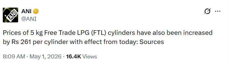 Commercial LPG up ₹993, 5kg FTL up ₹261  yet govt stays silent on burden. Public pays more, gets less. Is this the “return gift” of democracy? 
#MayDay #LabourDay #GasCylinder