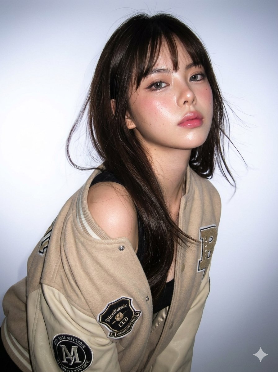Chryzleenprompt's tweet image. Create image: A hyper-photorealistic shot of the same subject in the attached image, ultra-detailed facial features, visible pores, rosy complexion and dewy skin, high identity consistency.

Main subject / quality details:
A fashionable young woman leaning forward slightly,