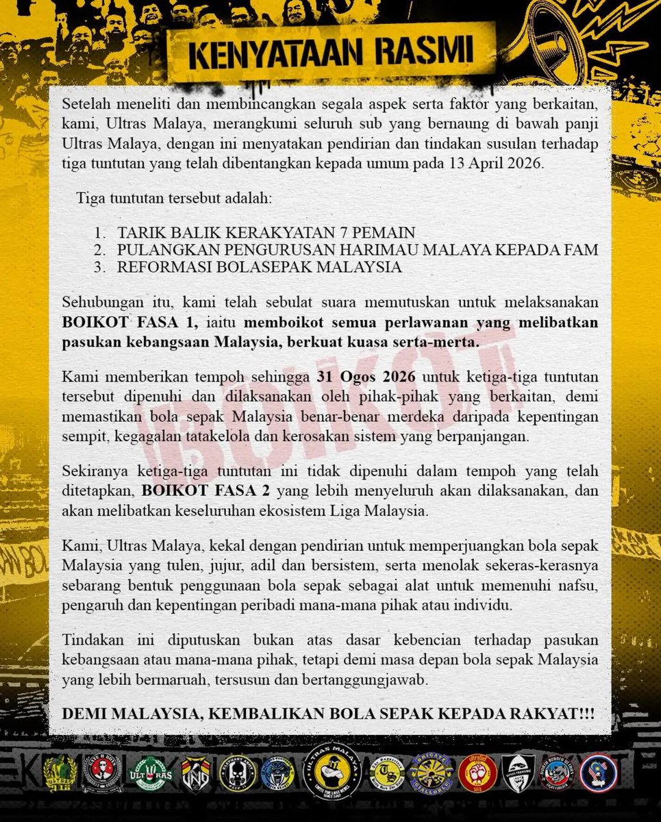Ultras boikot semua perlawanan Harimau Malaya. 🐯🚫

<a href="/ASTROARENA/">Astro Arena 🇲🇾</a>