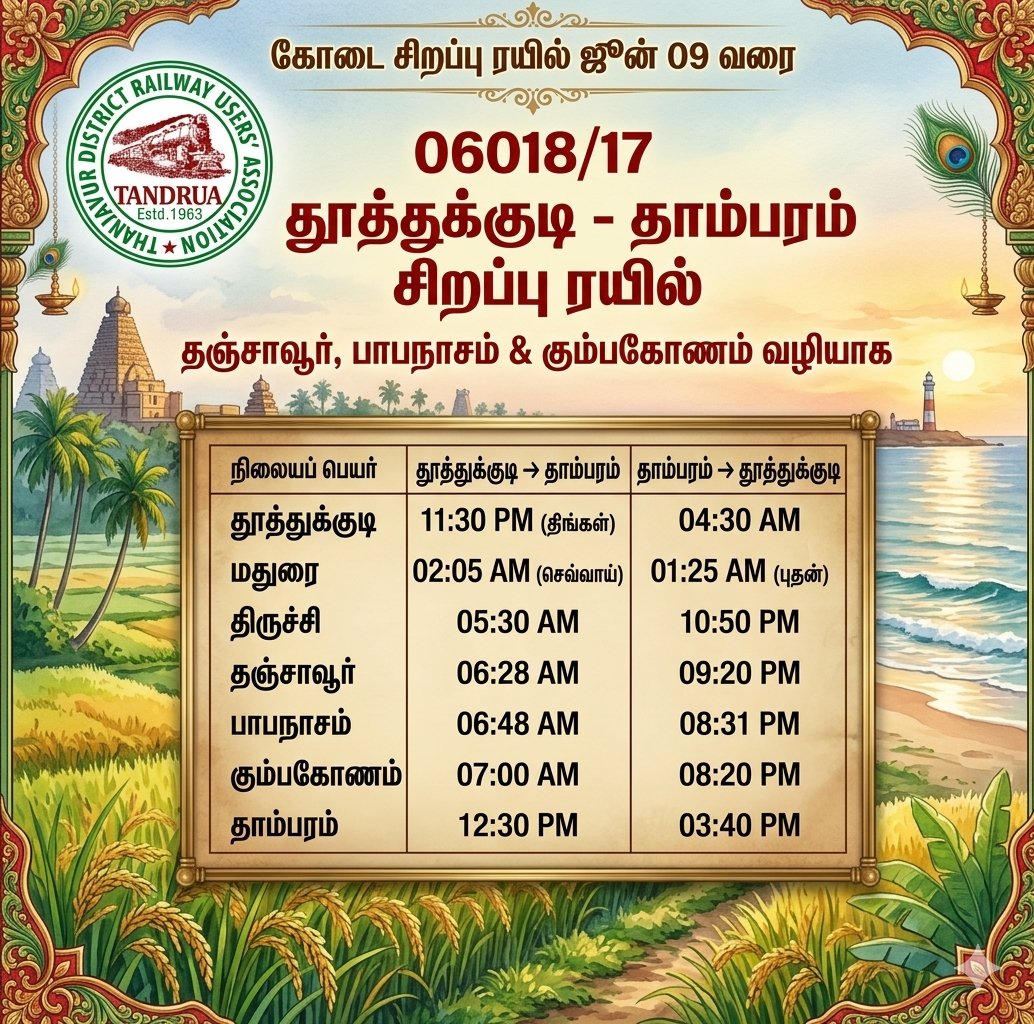 KRD_forum's tweet photo. மகிழ்ச்சி செய்தி 🎉🚂 

கோடை சிறப்பு ரயில் ஜூன் 09 வரை நீட்டிப்பு. 

வண்டி எண்: 06019/07 தூத்துக்குடி - தாம்பரம் சிறப்பு ரயில் தஞ்சாவூர், கும்பகோணம் & பாபநாசம் வழியா இயங்க உள்ளது. 

தாம்பரம் புறப்பாடு 10 நிமிடம் தாமதமாக மதியம் 03:40 மணிக்கு புறப்படும். 

முன்பதிவு துவங்கி நடந்து வருகிறது. பயணிகள் பயன்படுத்தி கொள்ளவும்.

© @TANDRUA1963