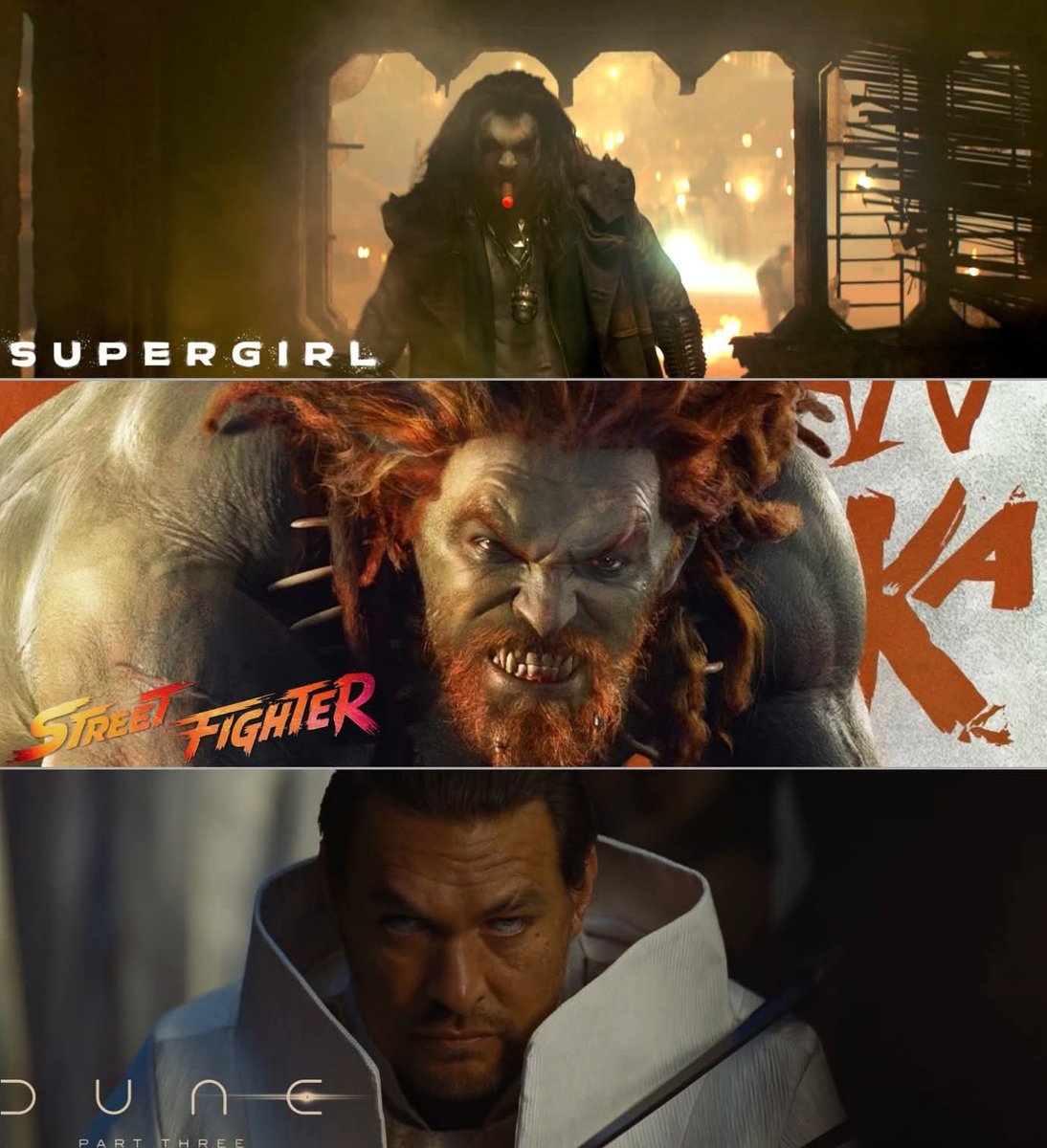 MAActionCinema's tweet image. Which #JasonMomoa film are you most looking forward to this year?

#Supergirl #StreetFighter #DunePartThree