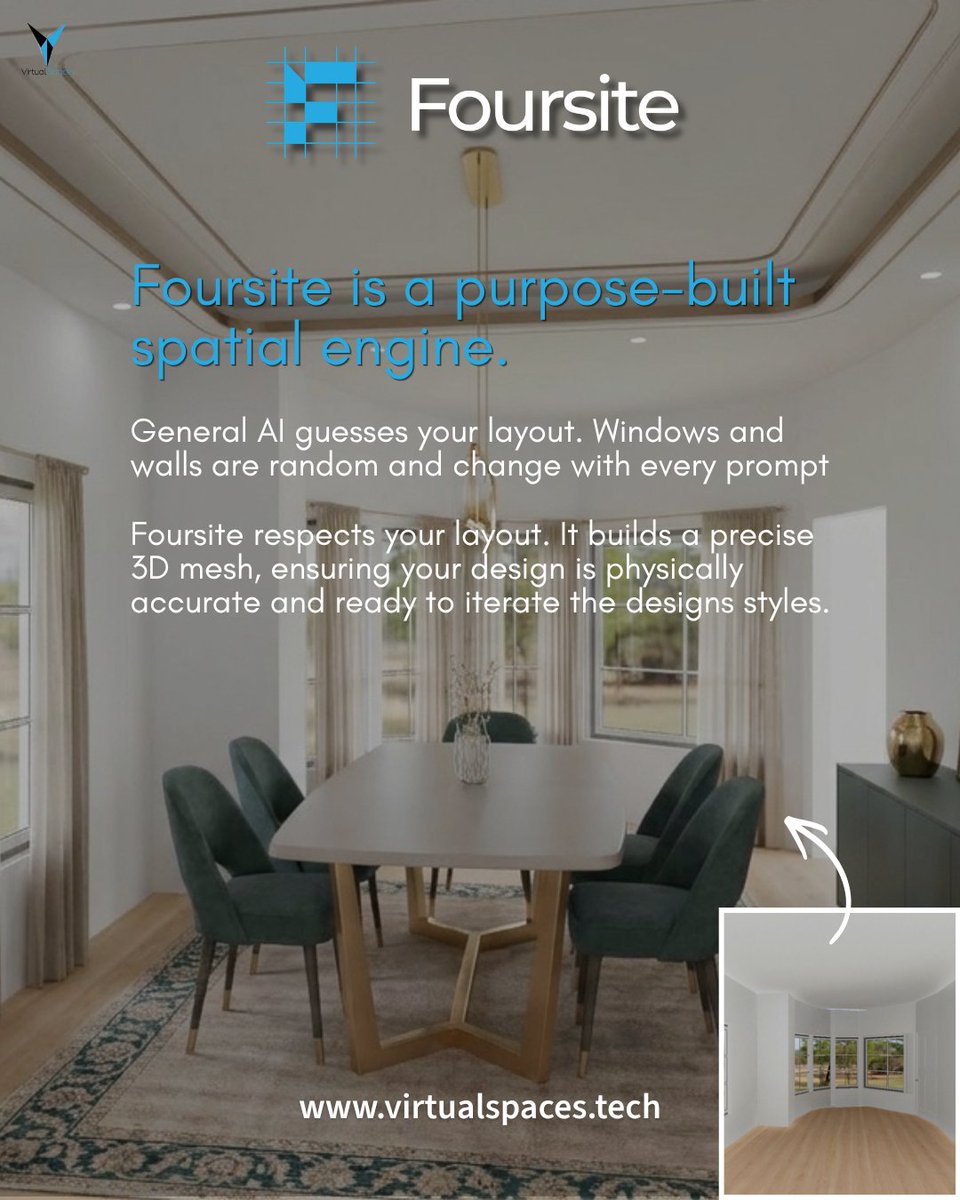 VirtualSpacesIn's tweet photo. Why use general AI when it guesses? 🤨

General AI "hallucinates" layouts, shifting walls and windows. Foursite is a purpose-built spatial engine that respects your layout. 

👉Sign up: https://t.co/lJio8hkKcU

#AI #Foursite #VirtSpaces #2Dto3D #FloorPlanTo3D https://t.co/NKJ7AAfLRe