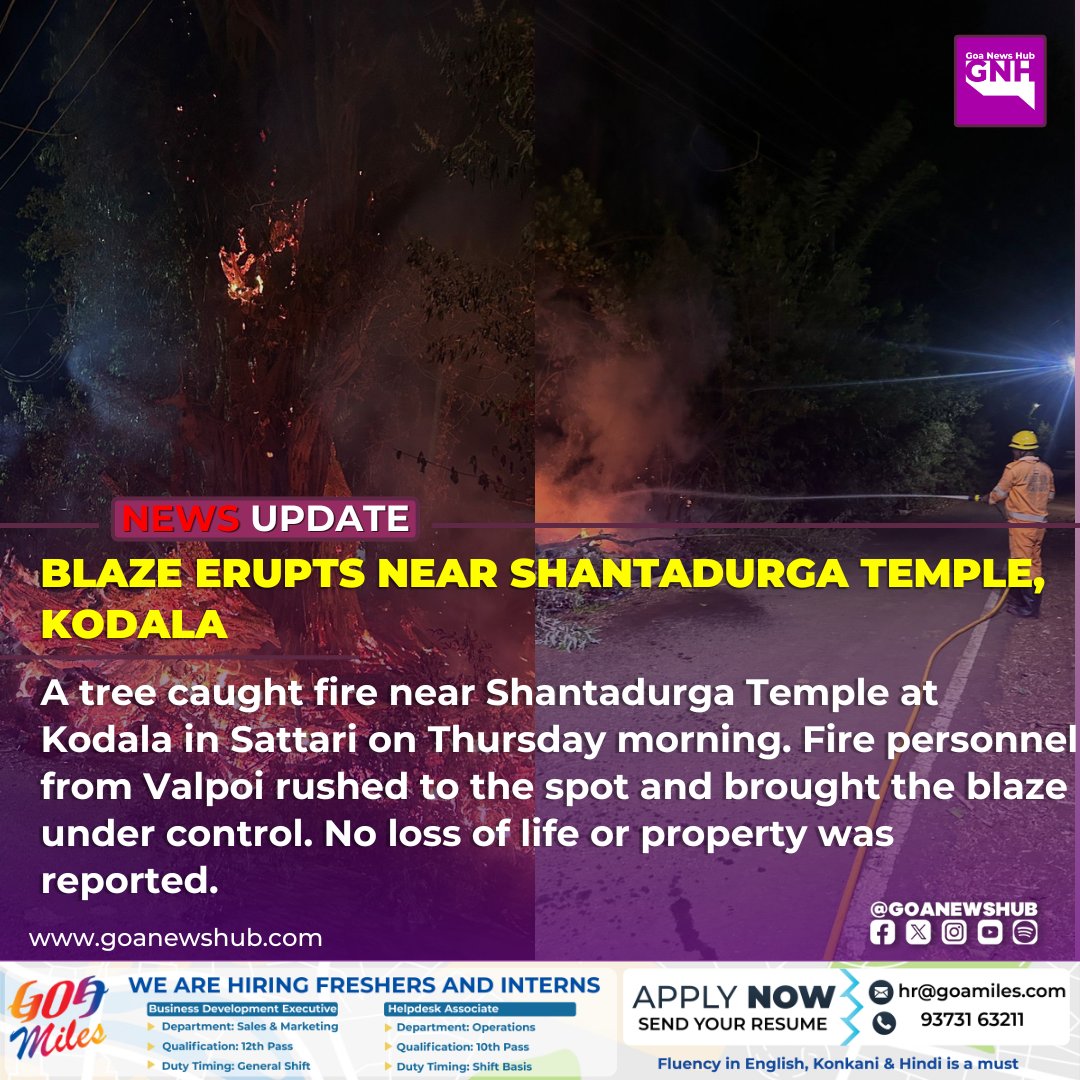 goanewshub's tweet image. BLAZE ERUPTS NEAR SHANTADURGA TEMPLE, KODALA

A tree caught fire near Shantadurga Temple at Kodala in Sattari on Thursday morning. Fire personnel from Valpoi rushed to the spot and brought the blaze under control. No loss of life or property was reported.

#goanews #fire #loss