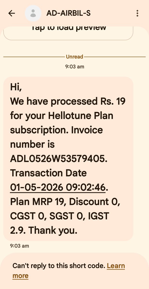 imashishvtiwari's tweet image. @airtelindia आज बिना मेरी अनुमति ₹19 Hellotune प्लान के लिए काट लिए गए। मुझे ऐसी कोई service नहीं चाहिए। कृपया तुरंत मेरा पैसा refund करें, नहीं तो मैं port out करने पर मजबूर हो जाऊंगा। #Airtel #Refund #CustomerComplaint