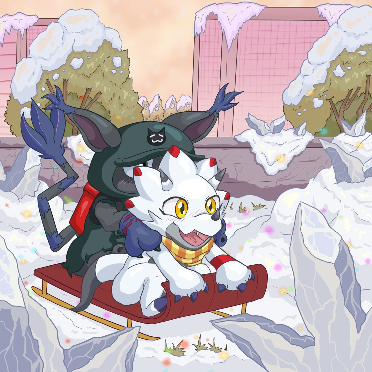 TheCrushiesGirl's tweet photo. DIGI-ANIME DAILY - Day 22 - Sledding!

Today it's #BlackTailmon Uver. and #Gammamon sledding in the snowy psuedo-digital world from #DigimonGhostGame!

It's so fun picturing BlackGatomon Uver. goofing off because we mostly only see them making deliveries. https://t.co/Ci81H6jcrS