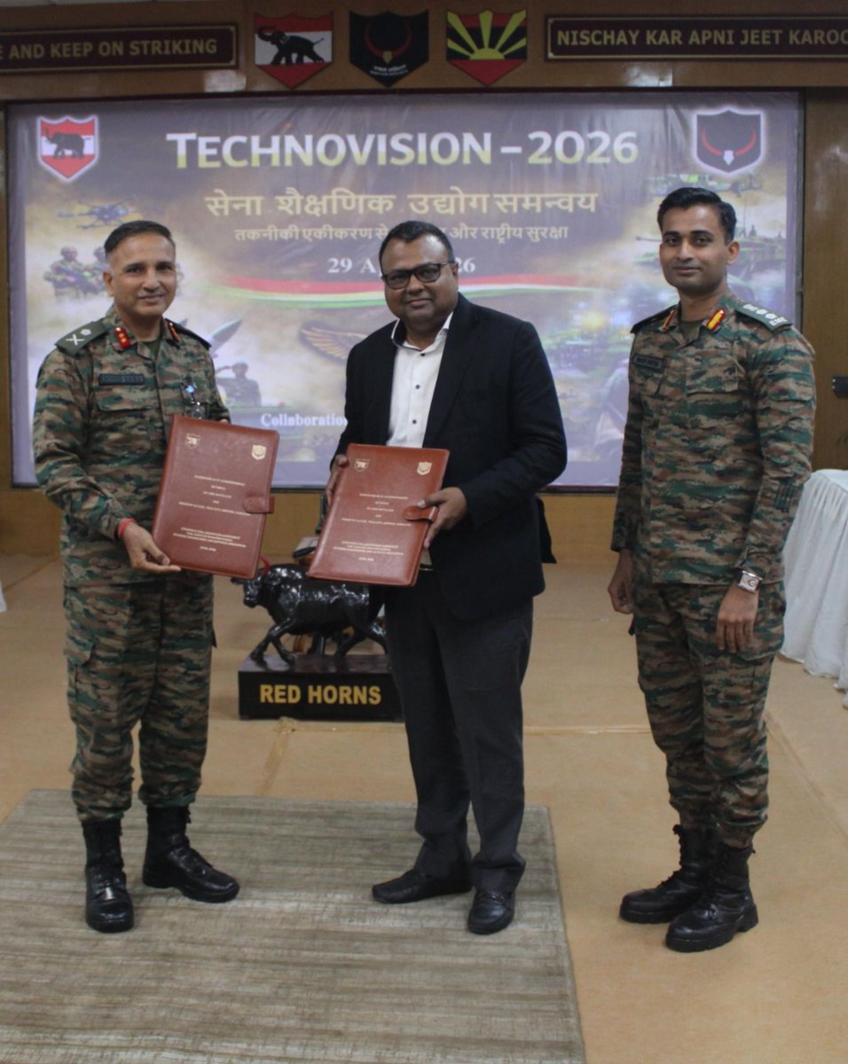 GajrajCorps_IA's tweet photo. 𝘾𝙤𝙡𝙡𝙖𝙗𝙤𝙧𝙖𝙩𝙚, 𝙄𝙣𝙣𝙤𝙫𝙖𝙩𝙚 & 𝙏𝙧𝙖𝙣𝙨𝙛𝙤𝙧𝙢

Technovision 2026, an outcome-oriented technical seminar, was conducted by Red Horns Division of #GajrajCorps. The event brought together operational commanders, academia & industry experts to deliberate on battlefield challenges & develop indigenous technological solutions for a future-ready combat force.

The seminar was a resounding success, marked by the signing of three MoUs between the Red Horns Division, AMTRON and an IIT Guwahati-based startup, reinforcing a shared commitment to innovation & self-reliance in defence capabilities.

Technovision 2026, एक परिणाम-उन्मुख तकनीकी सेमिनार, Red Horns Division of #GajrajCorps द्वारा आयोजित किया गया। इस कार्यक्रम में ऑपरेशनल कमांडर्स, अकादमिक क्षेत्र और उद्योग के विशेषज्ञ एक साथ आए, ताकि युद्धक्षेत्र की चुनौतियों पर चर्चा की जा सके और भविष्य के लिए स्वदेशी तकनीकी समाधान विकसित किए जा सकें।

यह सेमिनार अत्यंत सफल रहा, जिसमें Red Horns Division, AMTRON और IIT Guwahati आधारित एक स्टार्टअप के बीच तीन MoUs पर हस्ताक्षर किए गए। यह रक्षा क्षमताओं में नवाचार और आत्मनिर्भरता के प्रति साझा प्रतिबद्धता को दर्शाता है।

#Technovision2026
#InnovationForDefence
#AatmanirbharBharat

@adgpi 
@easterncomd 
@GajrajCorps_IA 
@SpokespersonMoD 
@HQ_IDS_India 
@PIB_India 
@DefenceMinIndia 
@mygovassam