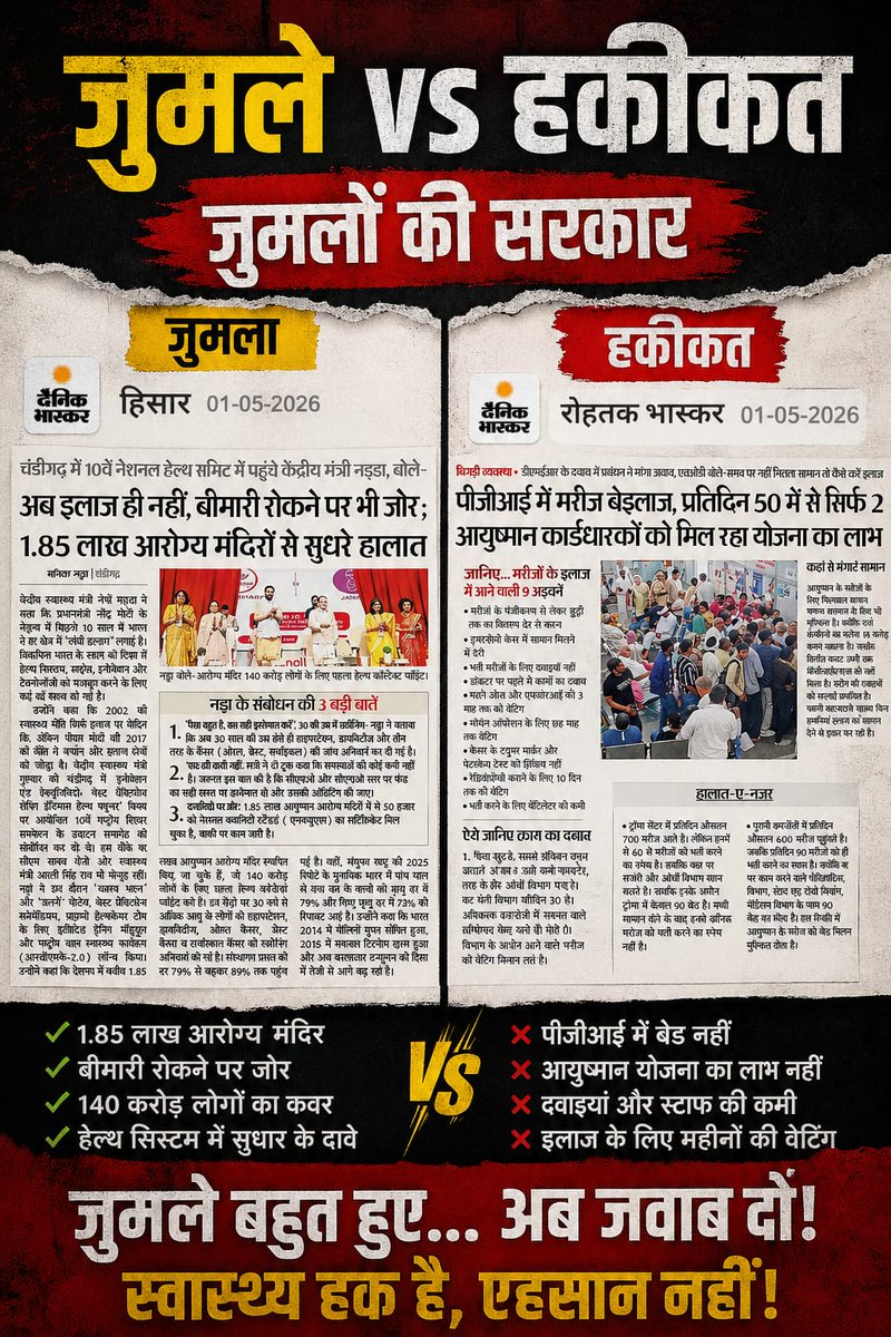 ITCellINLD's tweet image. जुमले बनाम हकीकत 👇
#PGI में सिस्टम ठप
आयुष्मान योजना कागज़ों में सफल, ज़मीन पर फेल
मरीज परेशान, इलाज लाचार
❓ कब तक चलेगा ये दिखावा?
स्वास्थ्य सेवा हक है, कोई सौगात नहीं!
📣 अब जुमले नहीं, जवाब चाहिए!

#HealthCrisis #HealthcareCrisis #GroundReality #AyushmanYojana