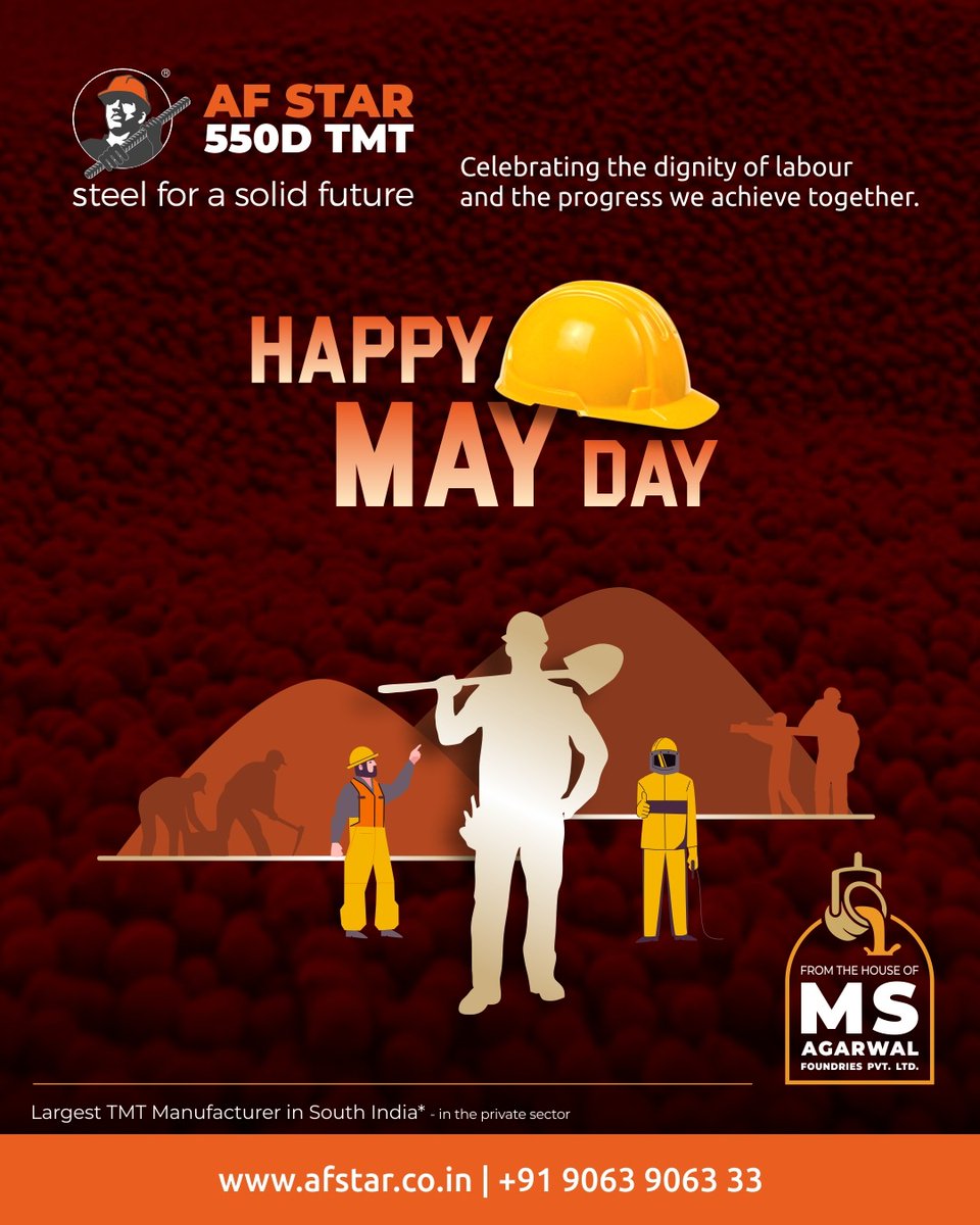 AFStartmt's tweet photo. This International Workers' Day, we celebrate the dedication, resilience and skill of every worker who builds the backbone of our nation.

At AF Star Steel, we recognize that behind every strong structure is the hard work and commitment of countless hands. Today, we thank you for your contribution to progress and growth.

Happy May Day - honoring the strength that builds the future.

For More Details, Visit: https://t.co/KMFmjXWn9N

Call: +91 9063 9063 33

#MayDay #InternationalWorkersDay #AFStarSteel #Workforce #Respect #BuildingTheNation
