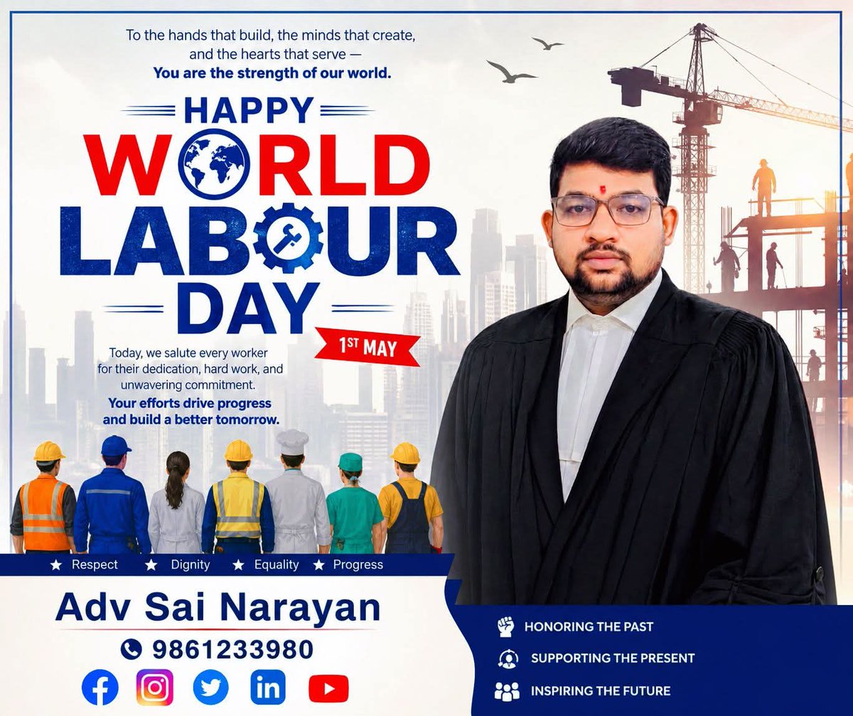 narayansaina's tweet photo. Salute to the real heroes of our Nation,The hardworking hands that build our future and shape our society. 
On this World Labour Day, let us respect, value, and stand for the dignity of every worker.
— Adv Sai Narayan
#WorldLabourDay #May1 #RespectWorkers #LabourDay2026 https://t.co/2VWZnvIqTK