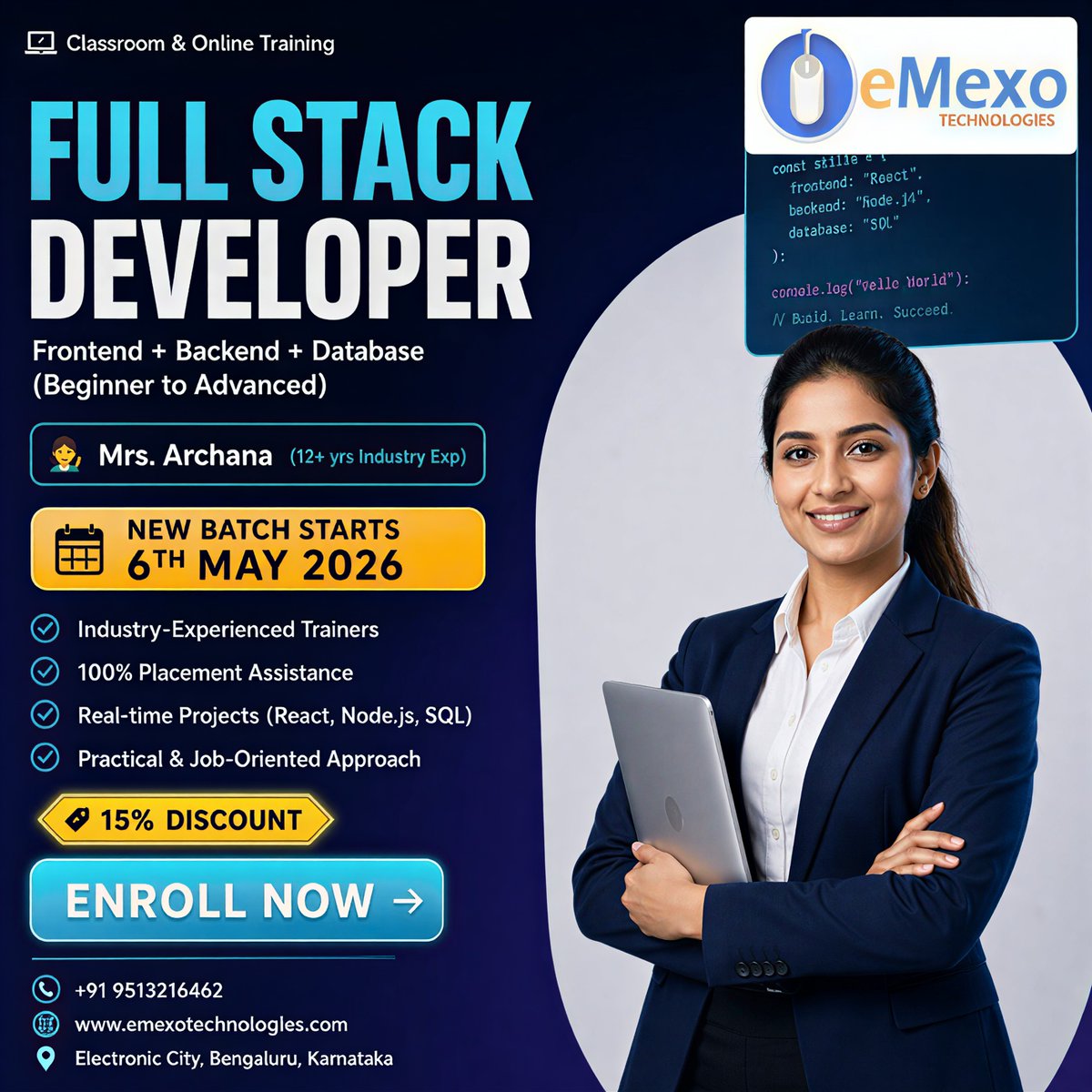 gokulemexo's tweet image. 🚀 Want to become a Full Stack Developer in 2026?

Learn:
💻 React • JavaScript • HTML • CSS
⚙️ Node.js (Backend)
🗄️ SQL (Database)
✔️ Real-time projects
✔️ 100% Placement Assistance

👉 emexotechnologies.com
📞 +91 9513216462

#FullStackDeveloper #WebDevelopment #ReactJS