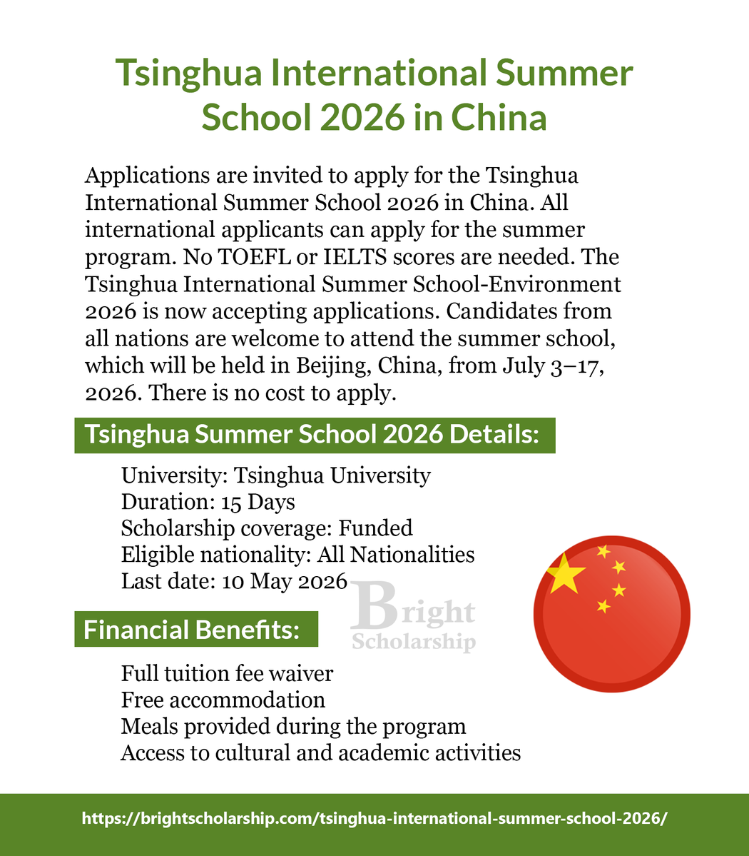 BrightSship's tweet image. Tsinghua International Summer School 2026 in China (Funded Program Guide)

Duration: 15 Days
Eligible nationality: All Nationalities
Award country: China
Last date: 10 May 2026

Apply Link: brightscholarship.com/tsinghua-inter…

#BrightScholarship #FullyFunded #SummerSchool #China