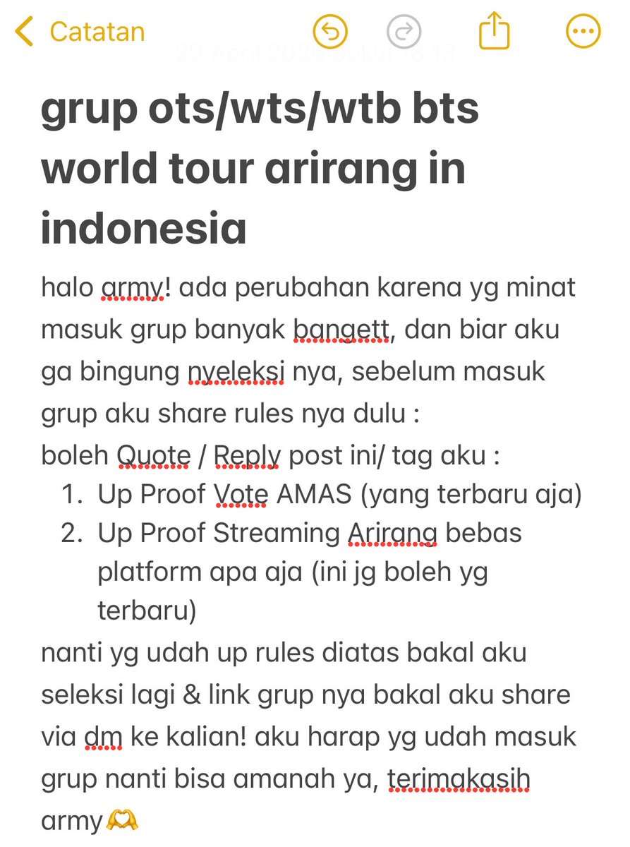 guyss yg mauu masuk grup OTS/WTS BTS WORLD TOUR boleh ikutin rules dibawah yaa🫶 yg udah up rules bakal aku seleksi lagii &amp; aku share link grup nya via dm yaa (aku ganti rules nya karena yg minatt banyakk banget) terima kasihh teman teman🫰