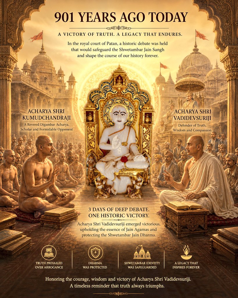 bhushanvshah's tweet image. From the pages of #Gujarat's #History..

901 years ago today, a 37-year-old Acharya Shri #Vadidevsuri ji stood in the royal court of #Patan against immense odds, defeated Digambar Acharya Shri #Kumudchandra ji after 3 days of debate, and protected the Shwetambar Jain Sangh.