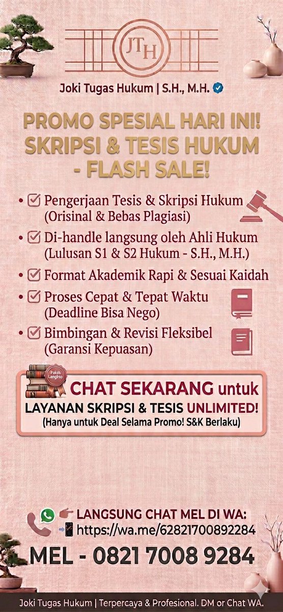 flkorida's tweet photo. @sealtkk Sini Mel bantu beresin sampai tuntas! 🎓✨
Dikerjakan langsung oleh tim S.H., M.H. ya, dijamin rapi, orisinal, &amp; kerahasiaan aman. Yuk diskusi santai via WA: 6282170089284 ⚖️💼 https://t.co/UuI2JQMbIg