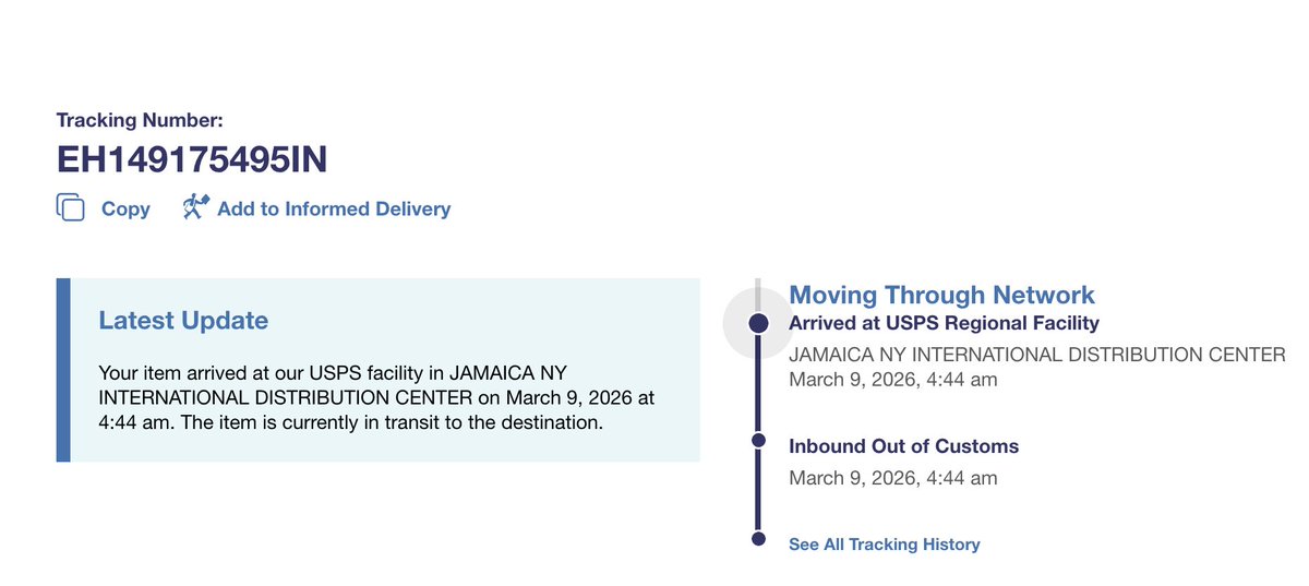 era1989reme's tweet photo. @USPS @USPSHelp 
Disgusting support by USPS courier. No accountability.

Tracking ID:
EH149175495IN

The last update was on 9th March (screenshot attached). Reached JAMAICA NY INTERNATIONAL DISTRIBUTION CENTER.

No further update.

You guys are not even giving response. Pathetic https://t.co/ULbnND4onY