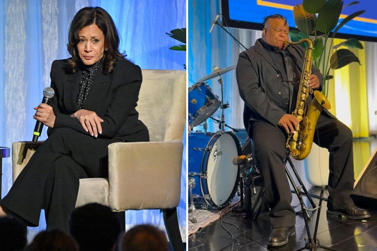Saxophonist falls asleep onstage during Kamala Harris awards dinner anti-Trump rant trib.al/ErWSiQe
