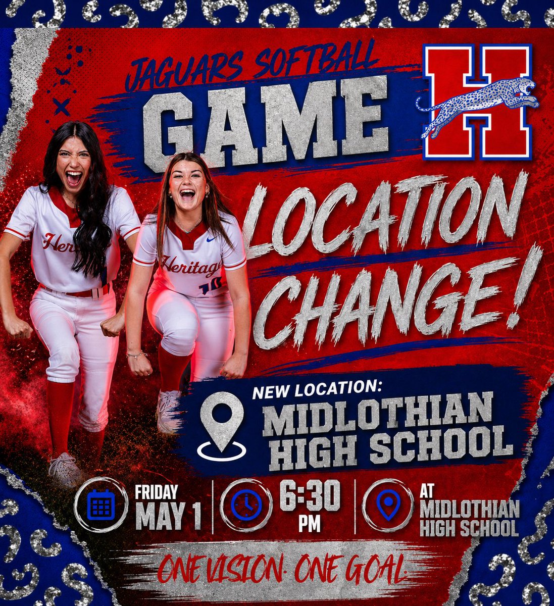 HHSJagSoftball's tweet photo. 1 game playoff Friday vs Woodrow Wilson💥
Game location change👇
@MISD_Athletics @MidloHeritage @TxHS_Softball @TXPrepSoftball https://t.co/hUi88mQpM1