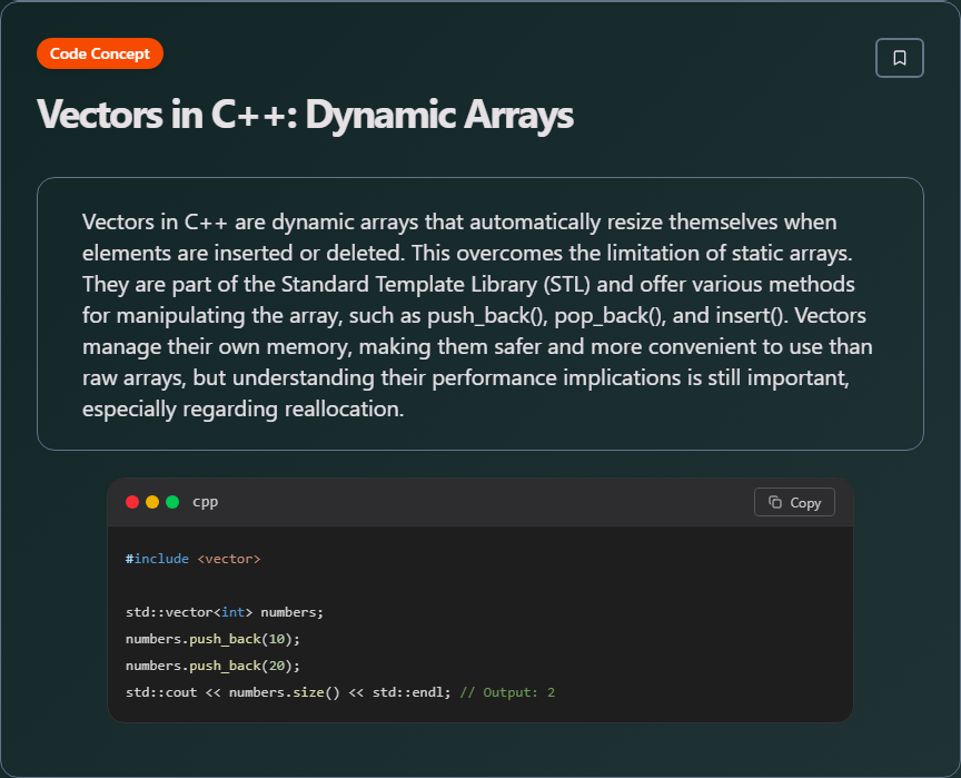 techielearnapp's tweet image. ✨ Vectors in C++: Dynamic Arrays

Learn more on our app: play.google.com/store/apps/det…

#c++ #programming #coding #tech #learning #100DaysOfCode #DevLife