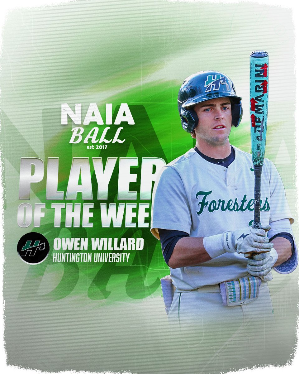 NAIABall's tweet photo. The NAIA Ball Player Of The Week is Huntington (IN) Owen Willard 

The senior capped of the regular season in style in the Foresters four-game series sweep against MVNU (OH) recording 12 RBI with 7 of his 9 hits going for extra bases

Full line: 9-16 3 2B 4 HR 12 RBI 
@HU_Sports @baseball_HU @Crossroads_NAIA #NAIABall