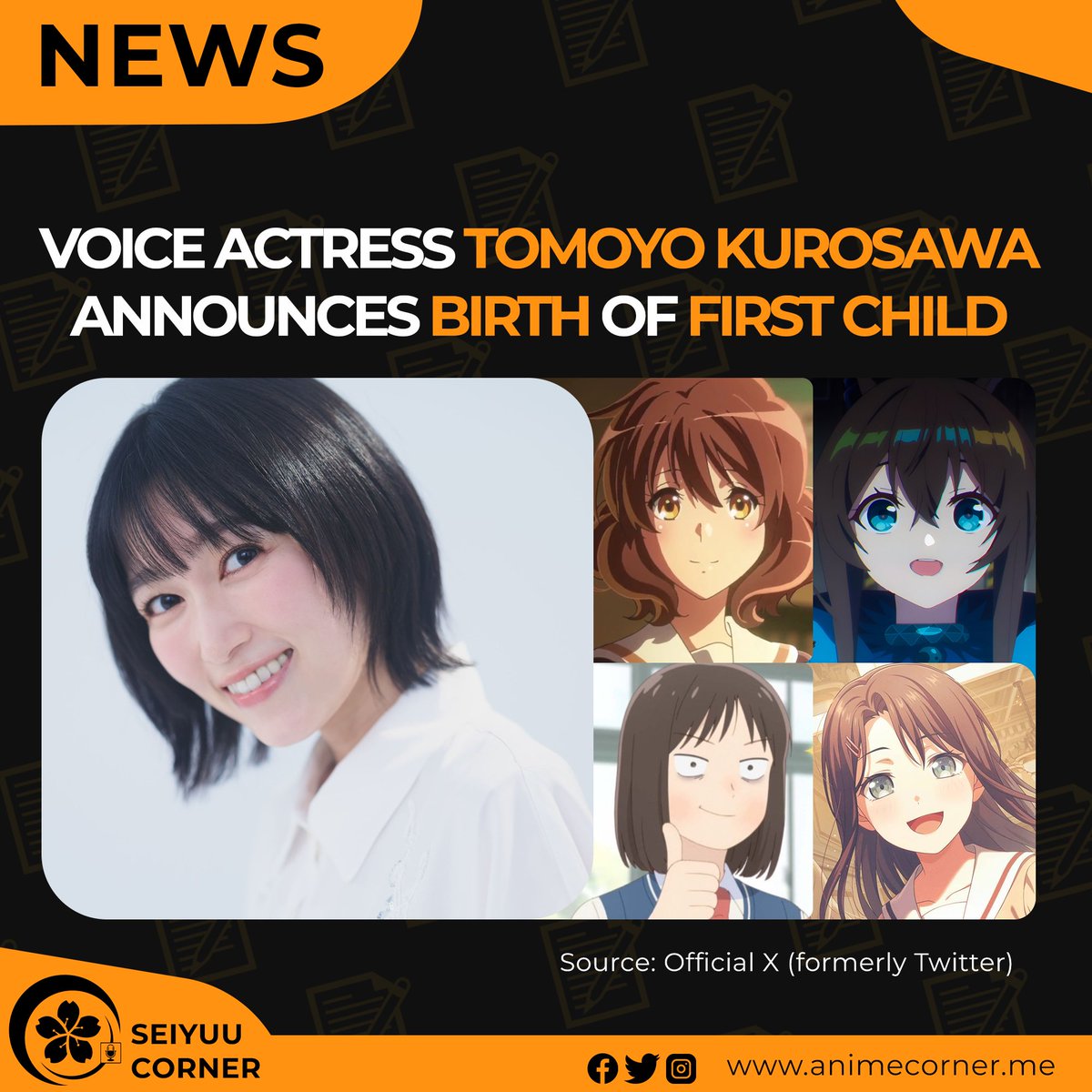 Tomoyo Kurosawa announced that she has recently gave birth to her first child.

The voice actress is known for voicing Kumiko Omae in Sound! Euphonium, Amiya in Arknights, Mitsumi Iwakura in Skip and Loafer, Misaki Okusawa/Michelle in BanG Dream!, Rebecca in Cyberpunk: