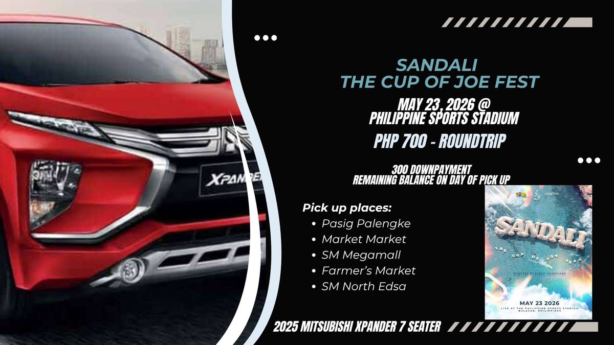 Jk_1997_twt's tweet image. Sandali The Cup of Joe Fest Carpool
3 slots

Private car and family member po ang driver kaya safe and trusted 💖
You can choose and reserve your seats po! 🫶🏻

PM me on FB for faster reply! 

#SANDALI #cupofjoe #TheCupofJoeFest