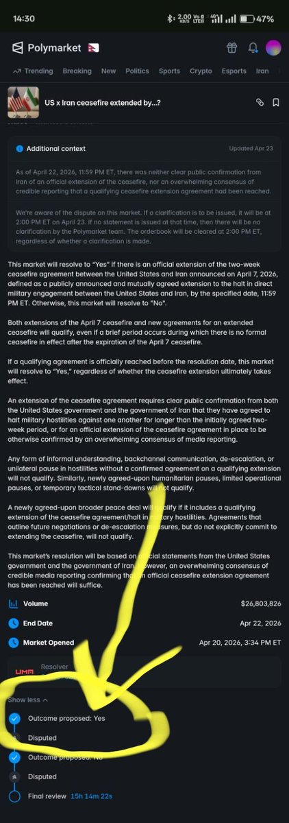 PawanSharmsp's tweet photo. @tsybka @PolymarketTrade @Polymarket  Can u explain this 
2 DAYS ago i took screenshot there is showing Yes and yesterday its showing no.
Is this a type of manipulation with market?
or are you collecting money from innocent ones....Big Thank you polymarket. https://t.co/a5SDDZcDKc